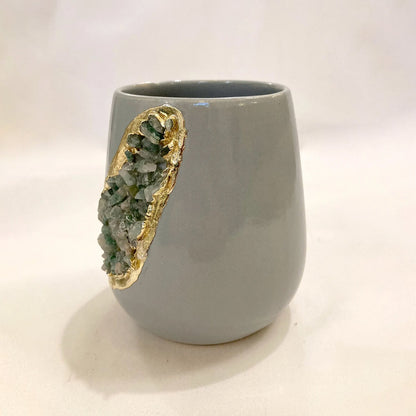 Grey and Gold Ceramic Vase/Planter/Pot/Wine Goblet/Mug with Light Green Semi-precious Agate Crystal Gemstones