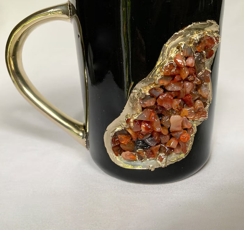 Set of 2 |Black and Gold Ceramic Big Coffee/Tea/Juice/Beverage Mug with Red Semi-precious Agate Crystal | 12 oz/355 ml