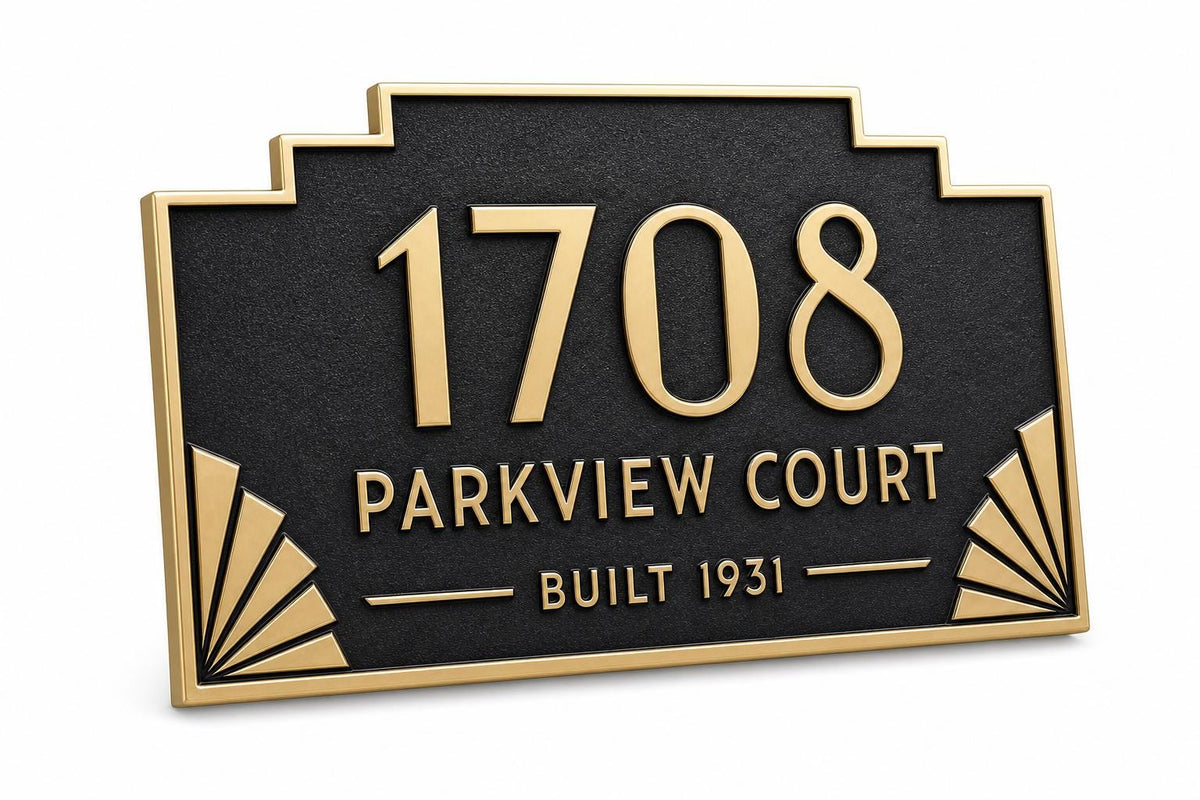 Angled Art Deco Stepped plaque showing the raised border and lettering