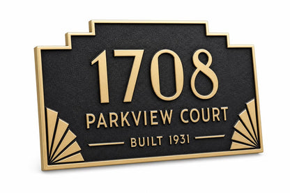 Angled Art Deco Stepped plaque showing the raised border and lettering