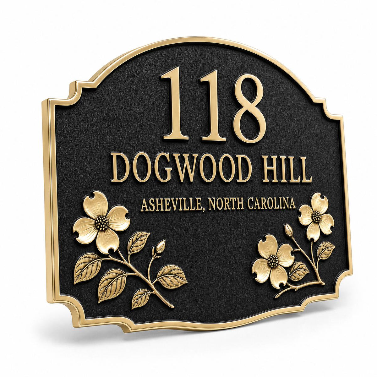 Angled Dogwood plaque showing raised antique-brass lettering and flower relief