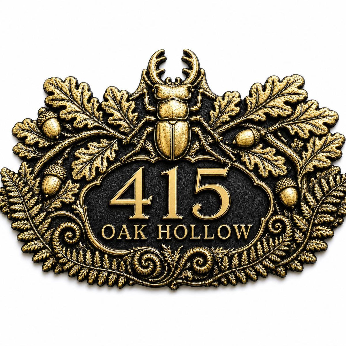 Stag Beetle and Oak plaque in antique brass, isolated view showing the outline and wording areas