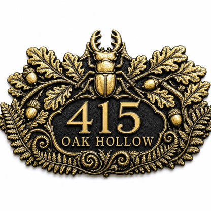 Stag Beetle and Oak plaque in antique brass, isolated view showing the outline and wording areas