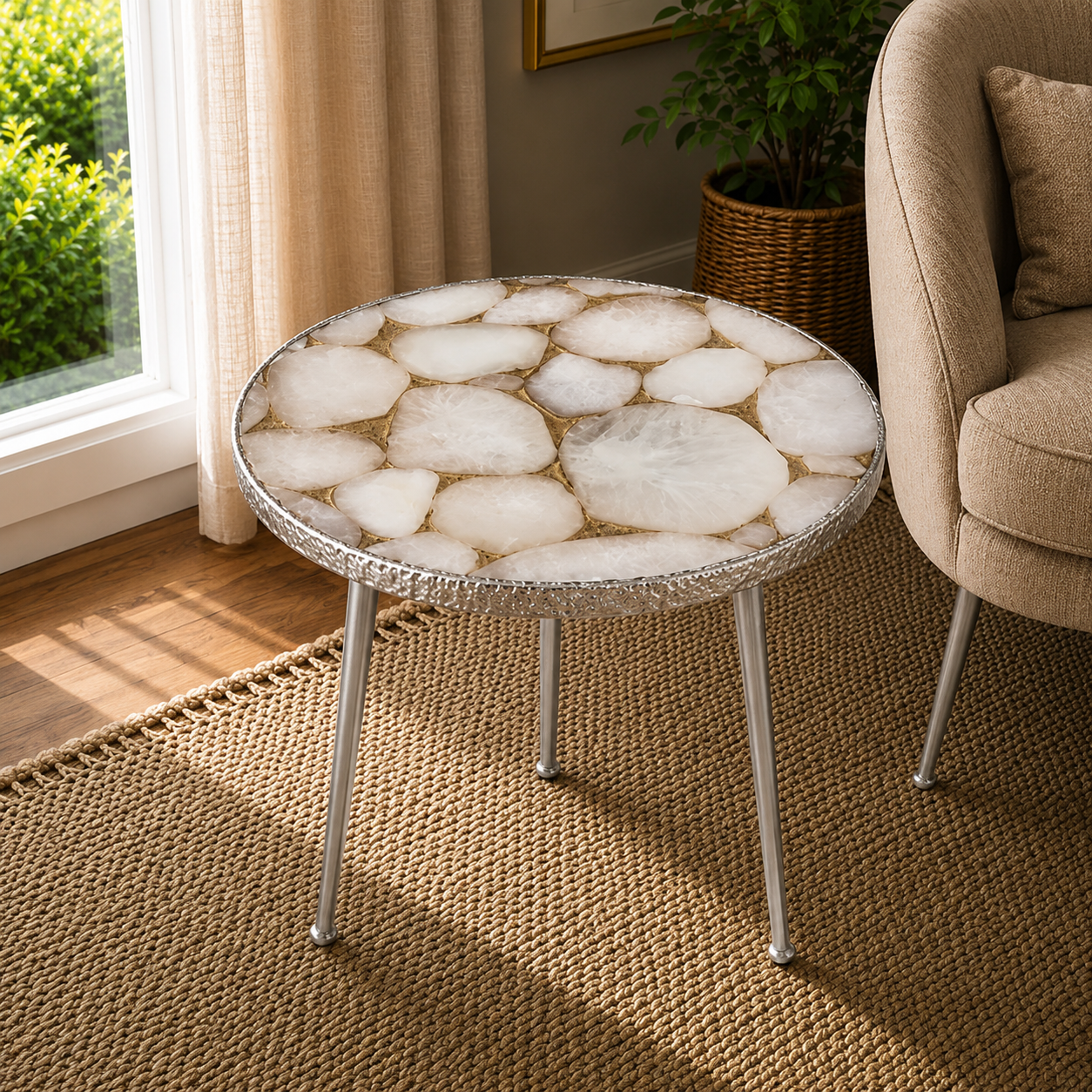 Gold Sparkle White Agate Round Side Table