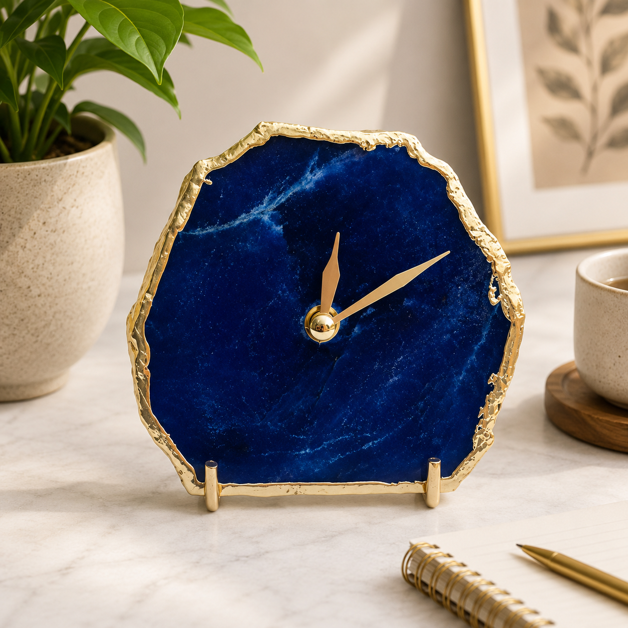 Indigo agate desk clock with electroformed metal edge, India | The Tangerine Store