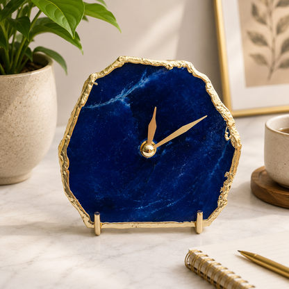 Indigo agate desk clock with electroformed metal edge, India | The Tangerine Store