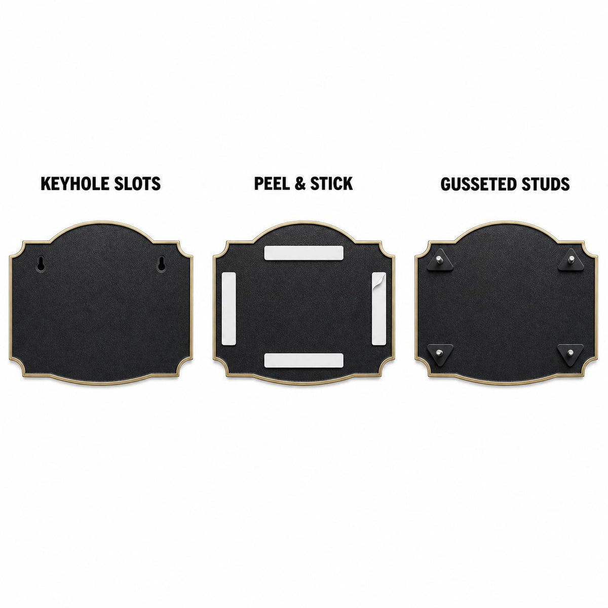 Mounting diagram for the Roses and Hummingbirds plaque comparing keyhole slots, peel-and-stick tape and studs