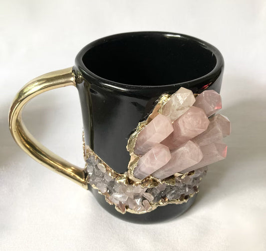 Set of 2 |Black and Gold Ceramic Big Coffee/Tea/Juice/Beverage Mug with Rose Quartz Semi-precious Agate Crystal | 12 oz/355 ml