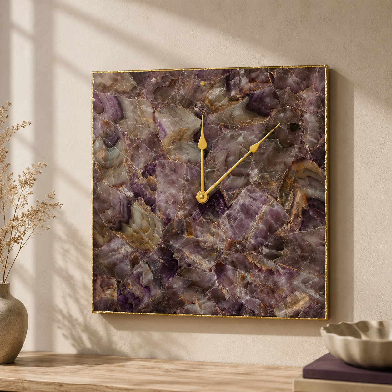 Amethyst agate square wall clock collection showing Gold, Silver and Rose Gold finish options