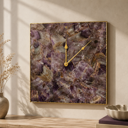 Amethyst agate square wall clock collection showing Gold, Silver and Rose Gold finish options