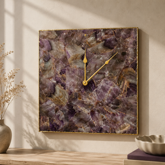 Amethyst agate square wall clock collection showing Gold, Silver and Rose Gold finish options