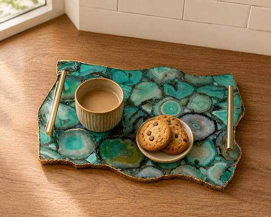 Large green agate organic edge tray with bar handles — finish options