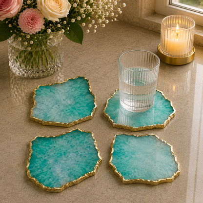 Aqua agate organic edge coasters, set of 4 with gold, silver and rose gold finish options