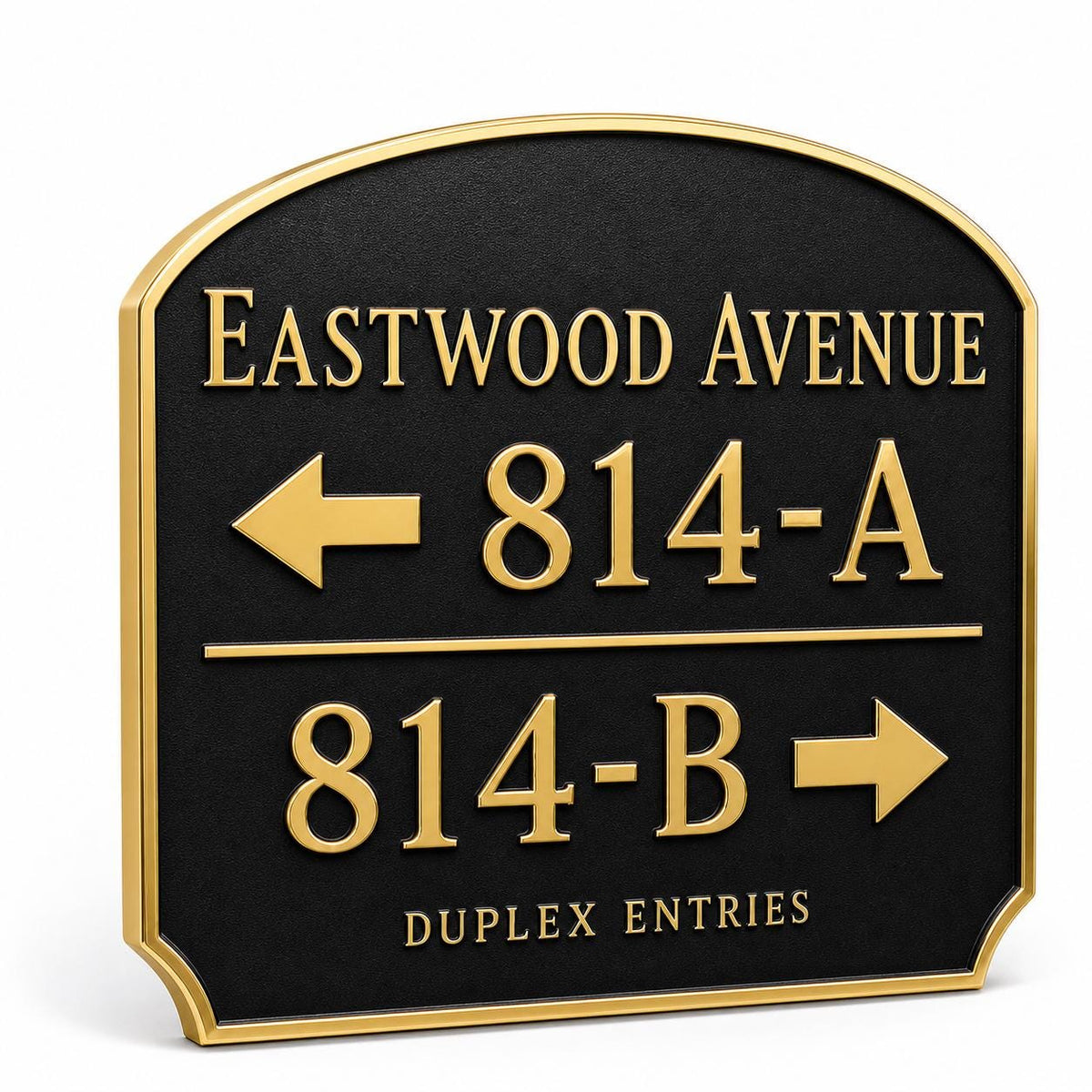 Duplex Entries plaque in antique brass, angled view showing the relief, outline and lettering