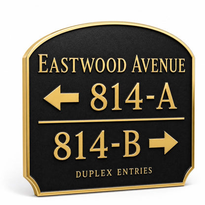 Duplex Entries plaque in antique brass, angled view showing the relief, outline and lettering