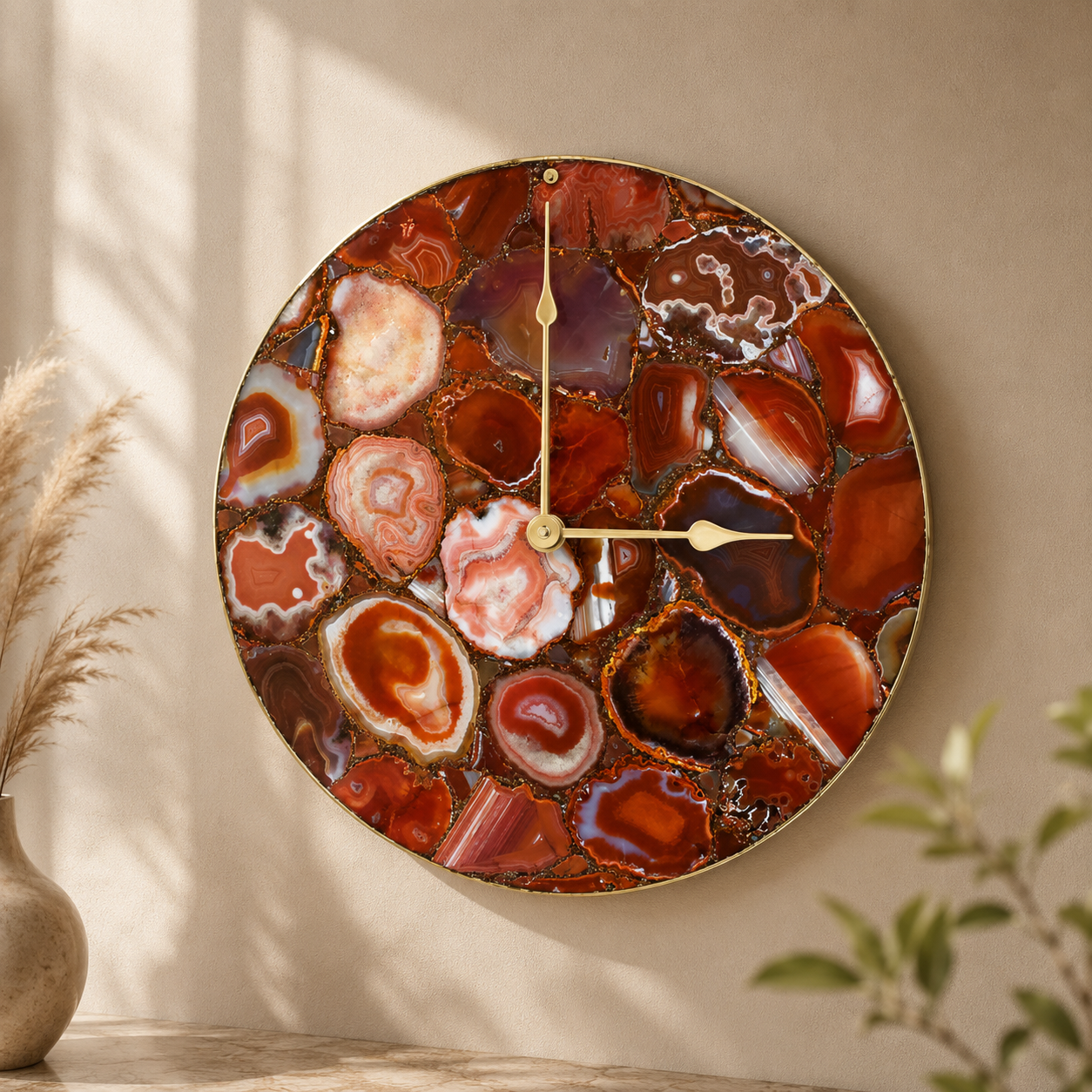 Red Agate Circular Wall Clock – 16 Inch | Gold finish | The Tangerine Store