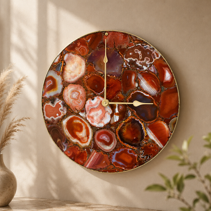 Red Agate Circular Wall Clock – 16 Inch | Gold finish | The Tangerine Store