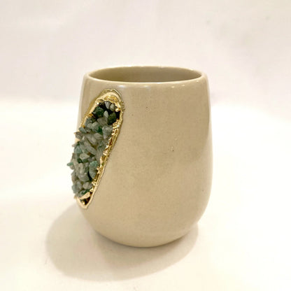 Cream and Gold Ceramic Vase/Planter/Pot/Wine Goblet/Mug with Light Green Semi-precious Agate Crystal Gemstones