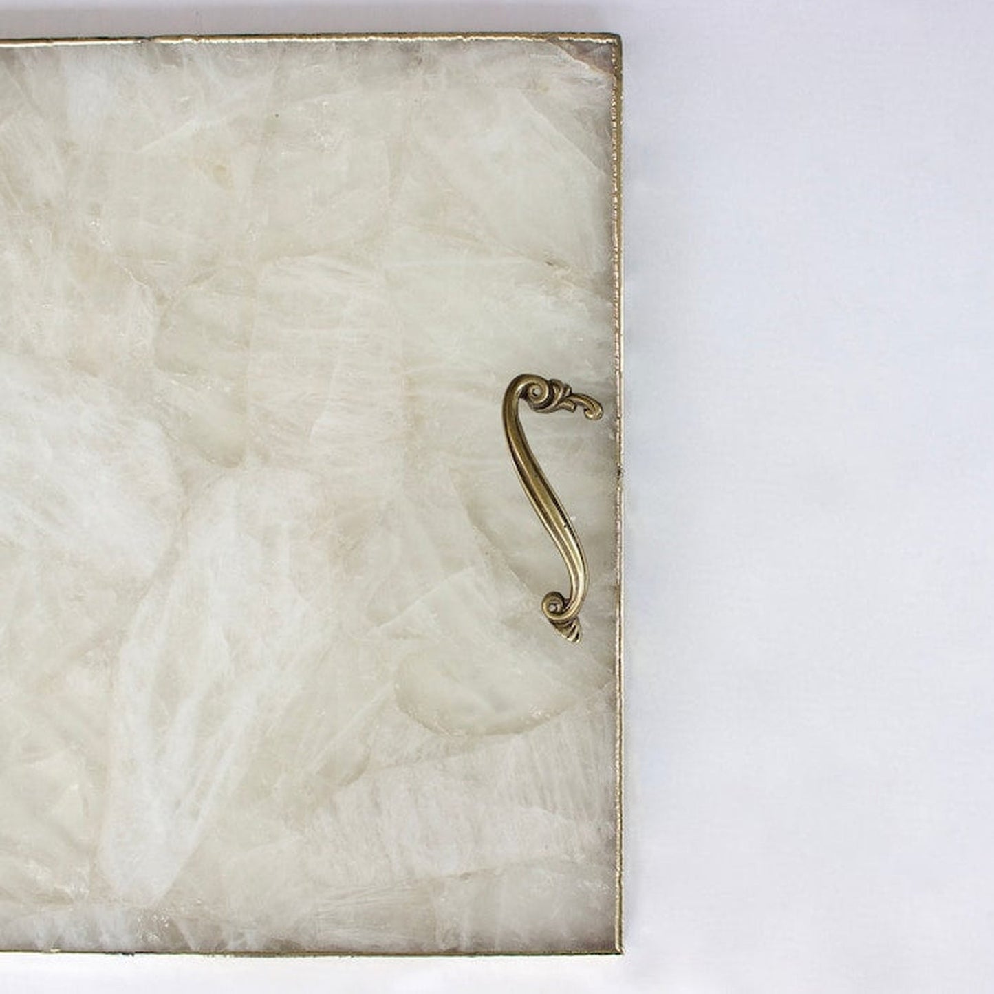 White Agate Serving Tray With Brass Handles | Square