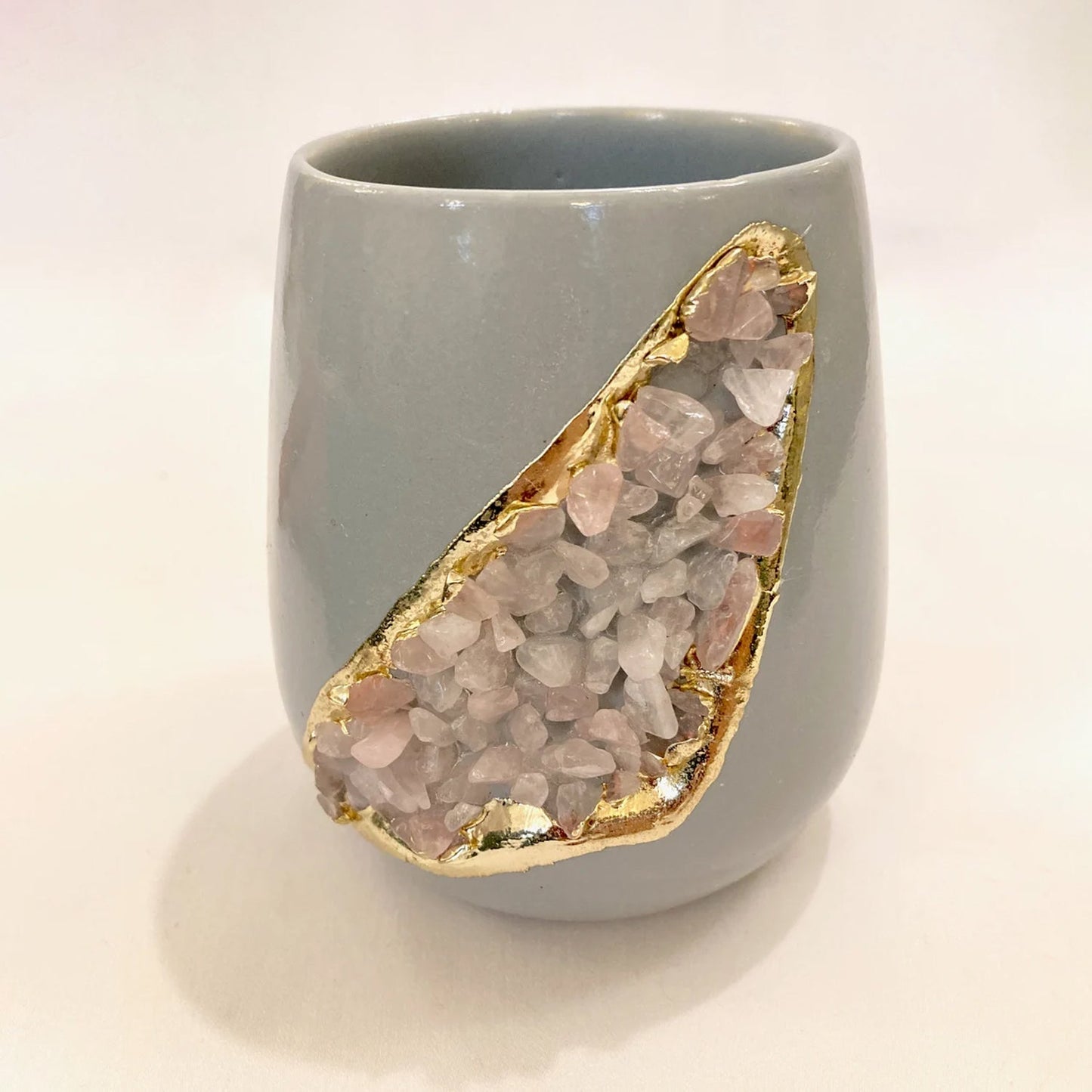 Grey and Gold Ceramic Vase/Planter/Pot/Wine Goblet/Mug with Rose Quartz Semi-precious Agate Crystal Gemstones
