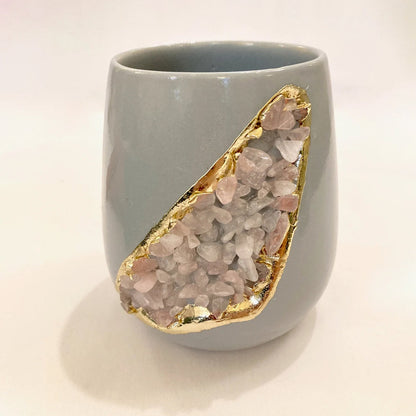 Grey and Gold Ceramic Vase/Planter/Pot/Wine Goblet/Mug with Rose Quartz Semi-precious Agate Crystal Gemstones