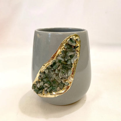 Grey and Gold Ceramic Vase/Planter/Pot/Wine Goblet/Mug with Light Green Semi-precious Agate Crystal Gemstones