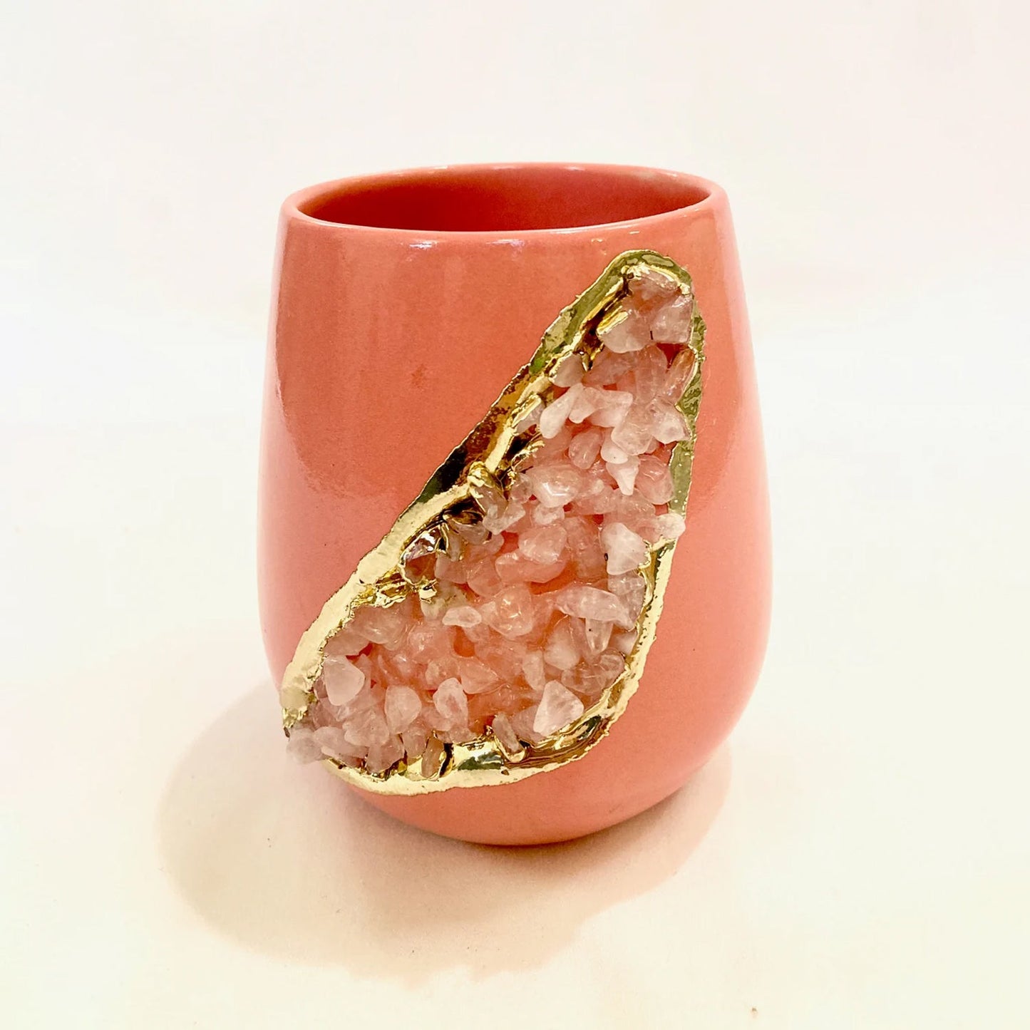 Pink & Gold Ceramic Vase with Rose Quartz