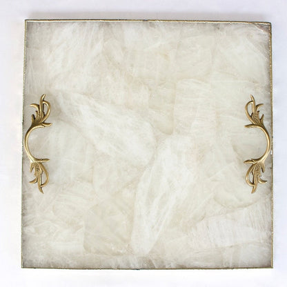 White Agate Serving Tray With Brass Handles | Square