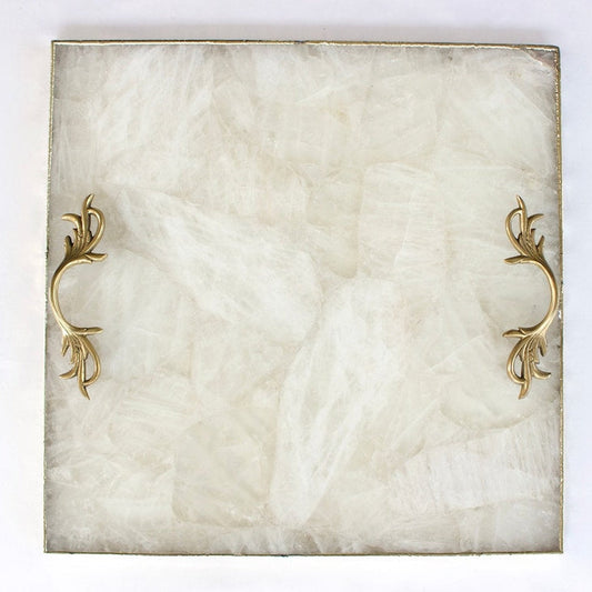 White Agate Serving Tray With Brass Handles | Square