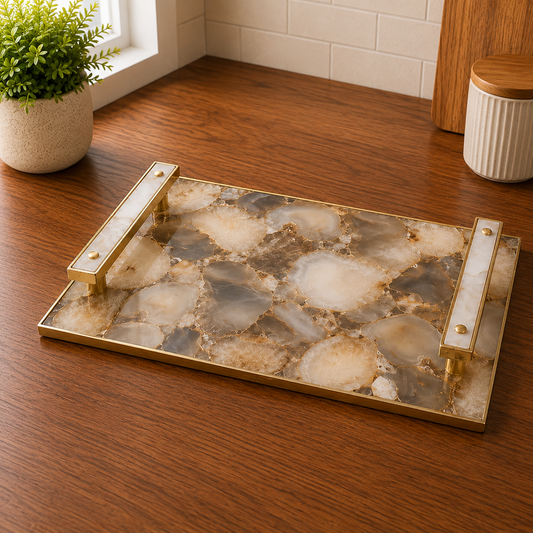 Brown Agate Serving Tray — Clear Quartz Handles