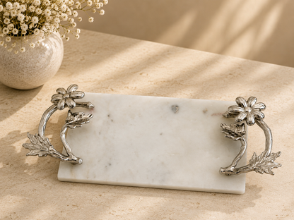 White Marble Tray — Large Floral Handles