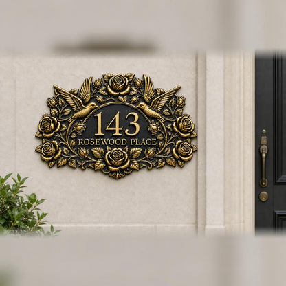 Roses and Hummingbirds plaque in antique brass, pictured on a wall