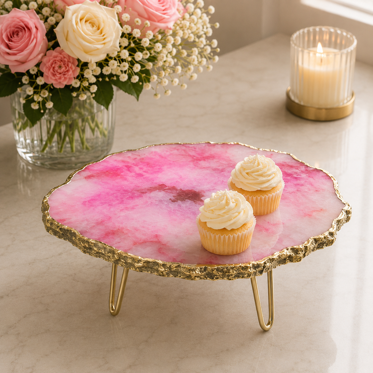 Pink Agate Cake Stand — finish options, gold, silver, rose gold