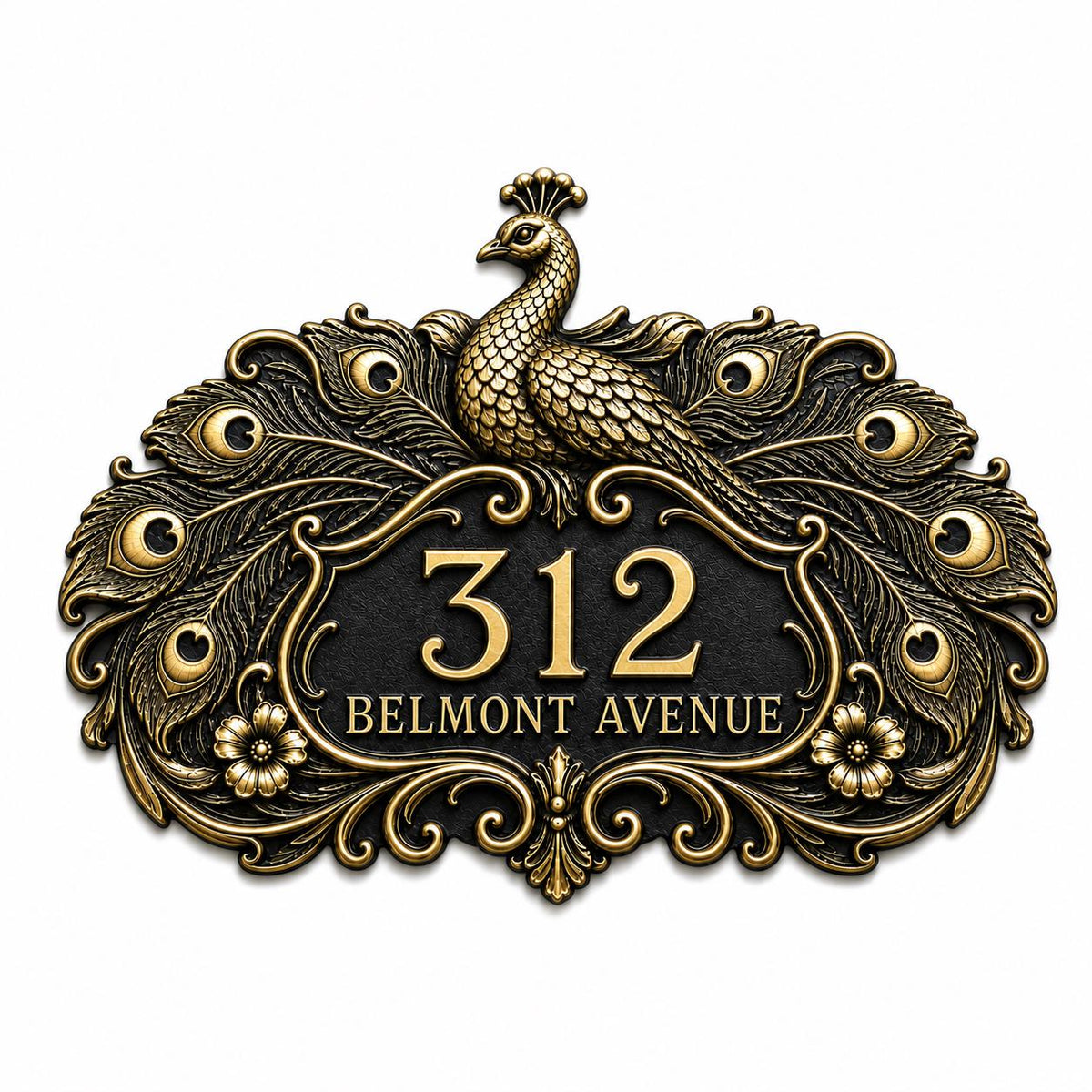 Peacock plaque in antique brass, isolated view showing the outline and wording areas