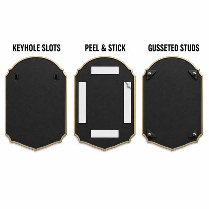 Mounting diagram for the Rose plaque comparing keyhole slots, peel-and-stick tape and gusseted studs