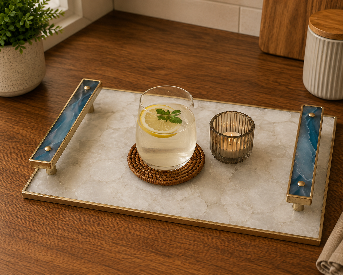 White Agate Serving Tray — Blue Agate Handles