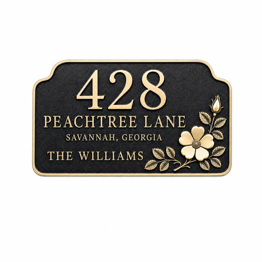 Wild Rose plaque, front with number, main name line, small location line and lower family wording