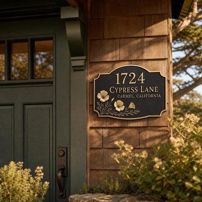 Poppy house name plate pictured beside a wooden entrance and a dark door