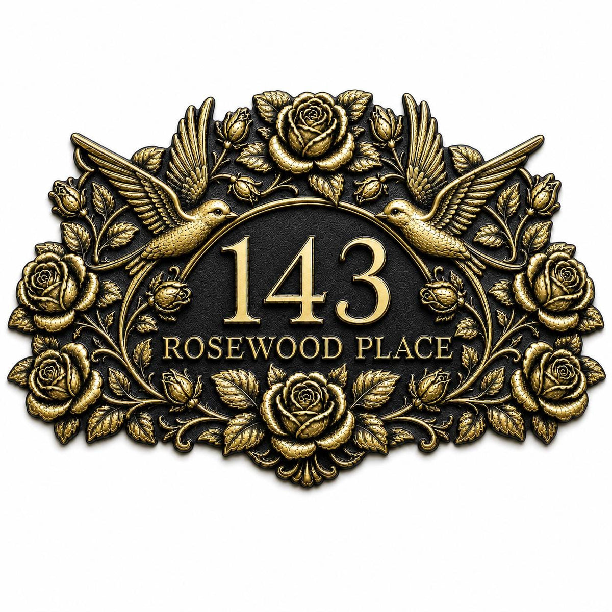 Roses and Hummingbirds plaque in antique brass, isolated view showing the outline and wording areas