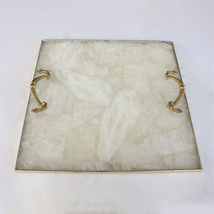 White Agate Serving Tray With Brass Handles | Square