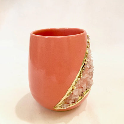 Pink & Gold Ceramic Vase with Rose Quartz