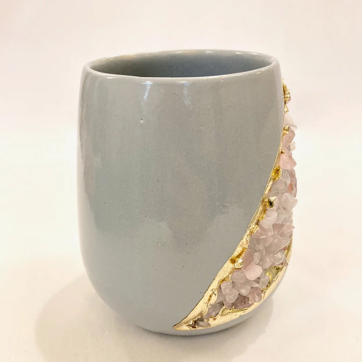 Grey and Gold Ceramic Vase/Planter/Pot/Wine Goblet/Mug with Rose Quartz Semi-precious Agate Crystal Gemstones