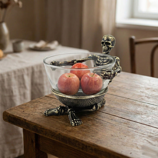 Skeleton Bowl with Glass Insert – Gothic Decorative Serveware | Gold, Silver or Antique Finish