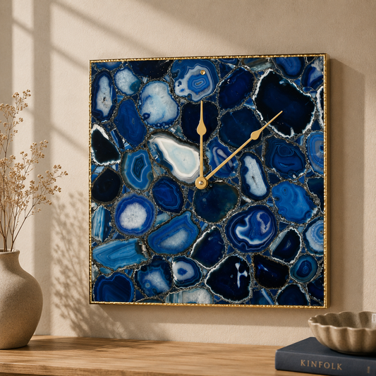 Blue agate square wall clock collection showing all three finish options and sizes