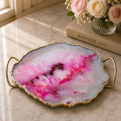 Pink Agate Organic Edge Tray — Brass Loop Handles