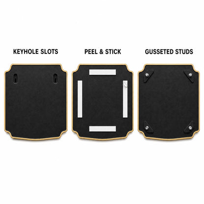 Mounting diagram for the Pine Bough & Cone plaque comparing keyhole slots, peel-and-stick tape and gusseted studs