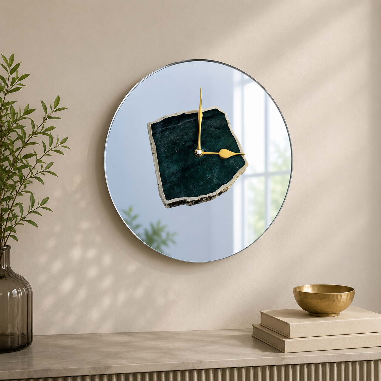 Green Aventurine Mirror Wall Clock – 10 Inch | Gold finish | The Tangerine Store