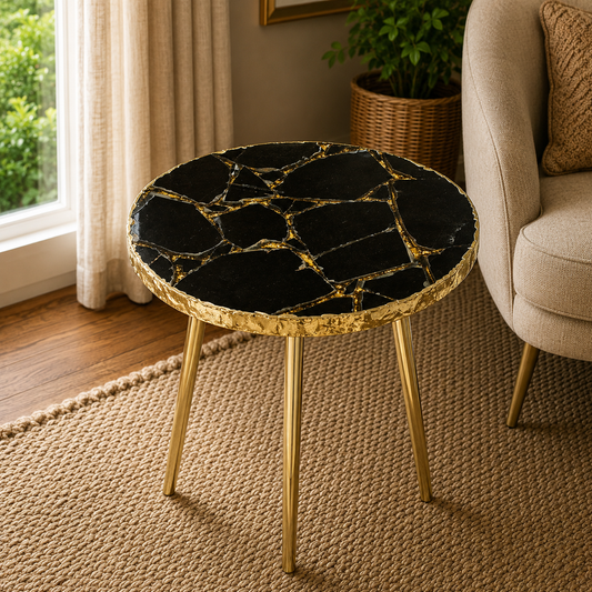 Gold Sparkle Black Agate Round Side Table
