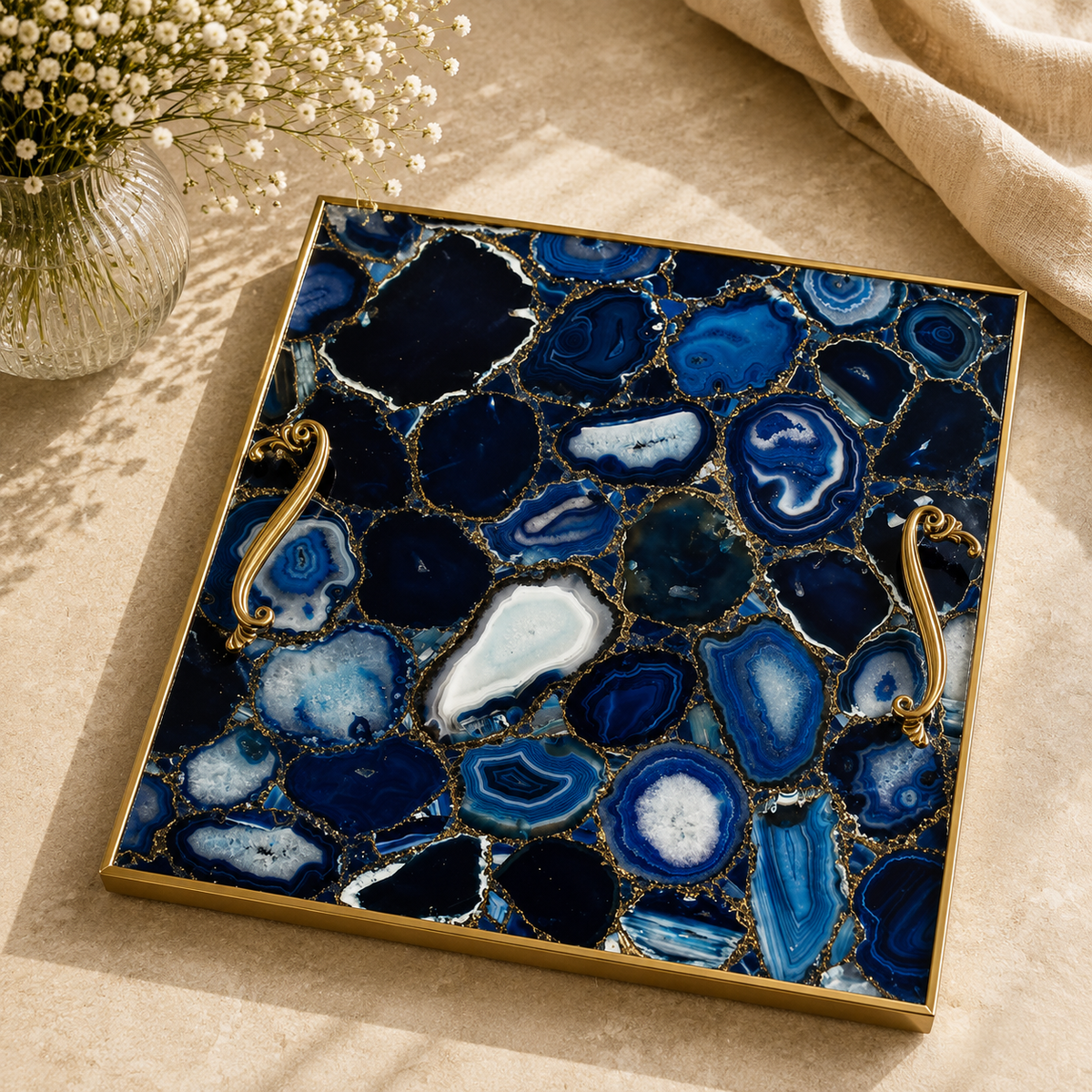 Blue agate square tray, stone texture and finish options