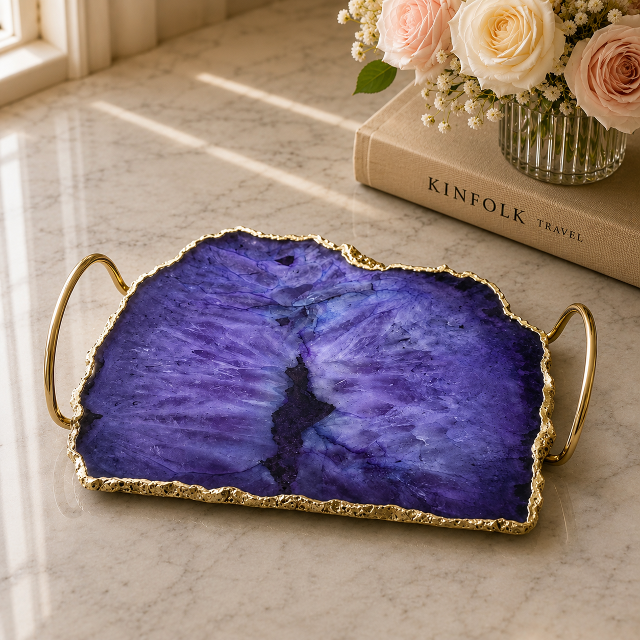 Purple Agate Organic Edge Tray — Brass Loop Handles